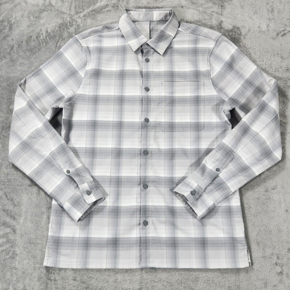 Lululemon Shirt Mens Medium Gray Masons Peak White Plaid Long Sleeve Performance - Picture 1 of 12